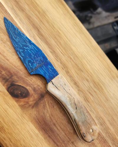 Fish hook damascus with mammoth ivory scales